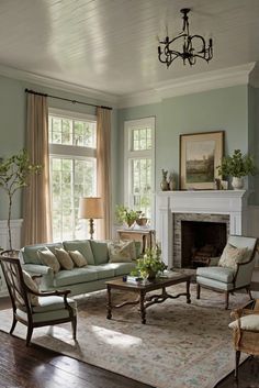 a living room filled with furniture and a fire place under a chandelier in front of a window