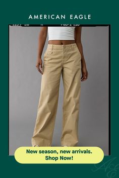 Mid-weight twill with a hint of stretch/Zip fly/5-pocket styling Khaki Trousers, Mid Rise, American Eagle Outfitters, American Eagle, Wide Leg, Women Jeans, Shop Now, Trousers