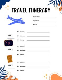 a travel itinerary with an airplane and other items