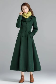 Vintage Inspired Long Wool Coat Winter Coat Women Wool Coat - Etsy Fall Jackets Outfit, Women Wool Coat, Wool Maxi Coat, Fit And Flare Coat, Army Green Coat, Jacket Coat Fashion, Winter Jacket Outfits, Winter Mode Outfits, Winter Coat Women