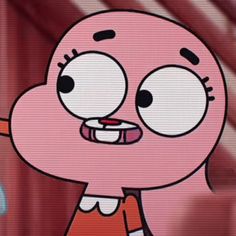 an animated pink cartoon character with big eyes pointing to the right and left side of his face