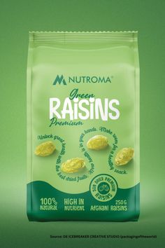 a bag of raisins on a green background with the words nutroma