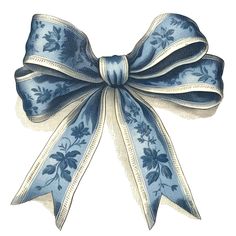 a blue and white bow with flowers on it's side, isolated against a white background