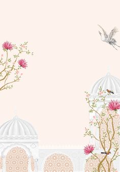 a pink and white wallpaper with flowers and birds flying over it, in front of a building