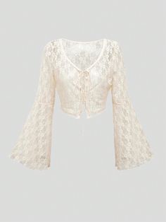 Lace-Up Criss Cross Crop Bell Sleeve Crop Top For Spring/Summer Beige Sexy  Long Sleeve Lace Plain  High Stretch  Women Clothing, size features are:Bust: ,Length: ,Sleeve Length: Outfit Pieces, Bell Sleeve Crop Top, Flared Sleeves Top, Beige Top, Cropped Tops, Classy Chic, Chic Boutique, Long Sleeve Lace