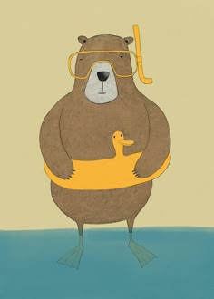 a brown bear wearing glasses and holding a rubber duck in the water with an umbrella on its head