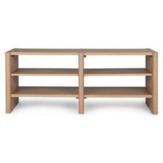 a wooden shelf with two shelves on each side