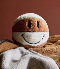 a brown and white stuffed animal with a smile on it's face, wrapped in a blanket