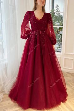 Burgundy Sequin Tulle Custom V-neck A-line Formal Dress Wine Red Prom Dress, Dress Elegant Long, Long Sleeve Prom, Burgundy Prom Dress, Evening Dress Fashion, Red Prom, Stunning Gowns, Prom Dresses With Sleeves, Prom Dresses Long With Sleeves