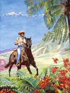 a man riding on the back of a brown horse through a lush green forest filled with palm trees