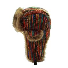 When you're searching for a colorful hat to complete your look in winter, this Bomber Hat by Innovato Design will look good on you. It comes in a rainbow pattern with a combination of colors. This will brighten up not only your gloomy winter day but someone else's too. It is artsy and has plenty of colors to add personality to your look. Made from fur material, this hat protects your head from the cold so you'll always be snug and warm. Its earflaps are designed in such a way to comfort your ears from the cold too. It has a clasp on the earflaps so you can tightly fit them around your chin when it is cold or fasten them above your head when not in use. You can wear this with your casual outfits in winter.  Product Highlights:   Made from fur material for superior comfort  Colorful hat for Moose Blood, Russian Ushanka, Accessories Idea, Camel Style, Rainbow Hats, Women Summer Fashion, Colorful Hat, Boho Festival Fashion, Trapper Hat