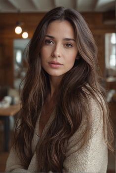 a woman with long brown hair sitting in front of a table and looking at the camera