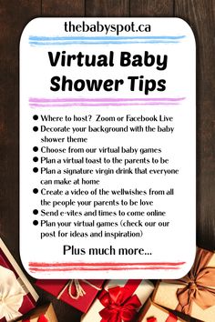 a baby shower sign with presents around it and the words virtual baby shower tips on top