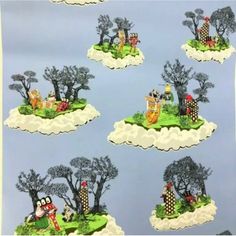 several images of people sitting on small islands in the sky with trees and clouds above them