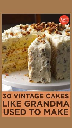 a cake with white frosting and pecans on top is featured in this post