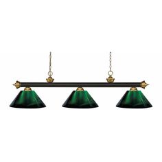 three green lamps hanging from the ceiling in an old fashioned lighting fixture with brass fittings