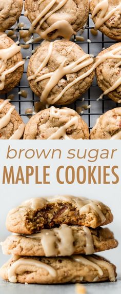 brown sugar maple cookies are stacked on top of each other and drizzled with icing