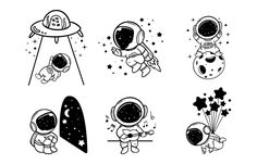 an astronaut and other space related items are shown in this black and white drawing set