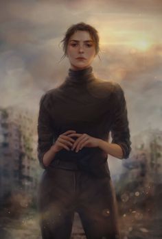 a painting of a woman standing in the middle of a city with her hands on her chest