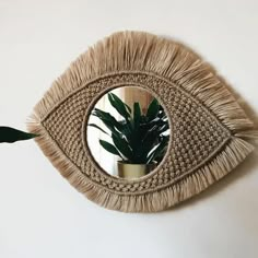 a plant in a pot is reflected in a round woven wall mirror that hangs on the wall