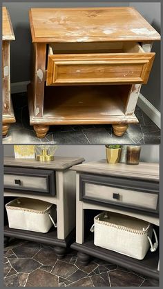 two different pictures of an old dresser with drawers and baskets on it, one has been turned into a side table