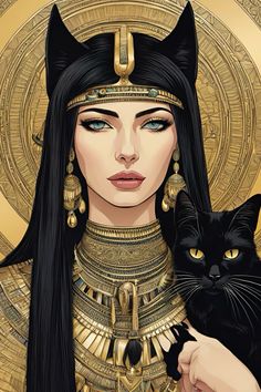 an egyptian woman holding a black cat in her right hand and gold jewelry around her neck