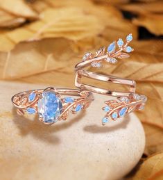 two gold rings with blue stones and leaves on the rocks in front of some leaves