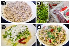 four pictures showing the steps to make chicken and rice casserole with bell peppers