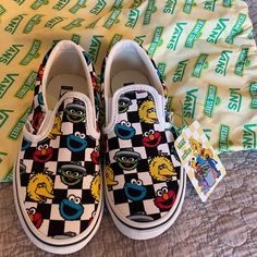 Custom Made Kids Shoes With Original Bag. Never Worn. Very Cute Slip Ons. Van Color, Vans White, Original Bags, Sesame Street, Vans Shoes, Style Board, Slip Ons, Kids Shoes, White Black