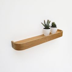 two potted plants sit on a wooden shelf