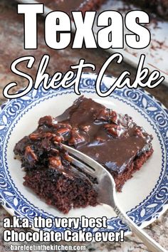 the cover of texas sheet cake, with chocolate frosting on it and a fork