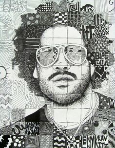 a black and white drawing of a man with glasses in front of an abstract background