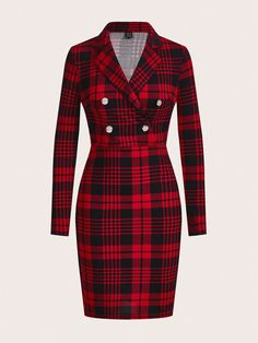 1pc Plaid Print Button Front Bodycon Dress Christmas Multicolor Elegant  Long Sleeve Knitted Fabric Plaid Bodycon Medium Stretch  Women Clothing, size features are:Bust: ,Length: ,Sleeve Length: Fancy Frocks, Dress Men, Ladylike Style, Bodycon Dress Online, Dress Christmas, Estilo Preppy, Women Midi, Plaid Print, Christmas Dress