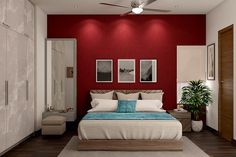 a bed room with a neatly made bed and red walls