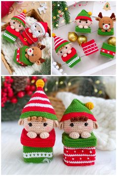 crocheted christmas ornaments are shown in three different pictures, including two gnomes and one