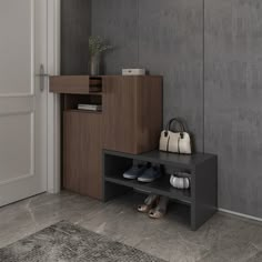 shoes and purses are sitting on a shelf in front of a wall with a door