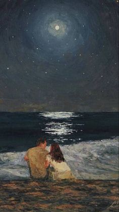 two people sitting on the beach under a night sky