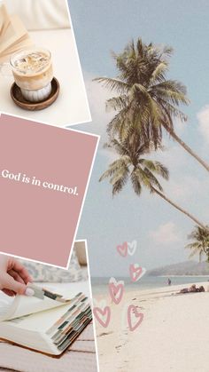 a collage of photos with the words god is in control written on them and palm trees