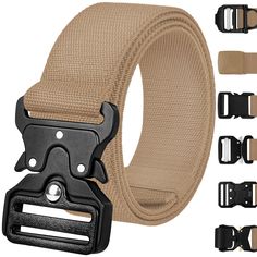 men's canvas belt with metal buckles and four different types of clips on each side