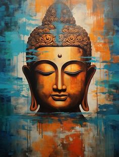 a painting of a buddha head in blue and orange colors