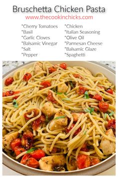 pasta with chicken and tomatoes in a white bowl on a marble counter top text reads bruschetta chicken pasta