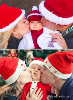 a couple kissing their baby while wearing santa hats