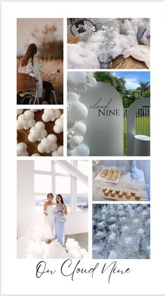 a collage of photos with white and silver items in the background, including clouds