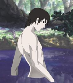 a naked man sitting in the middle of a body of water with trees behind him