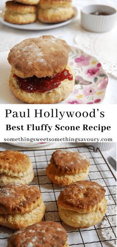 some biscuits are cooling on a rack with jam in them and the words paul hollywood's best fluffy scone recipe