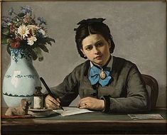 a painting of a woman sitting at a table with a pen and paper in front of her