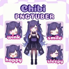 an anime character with different expressions on her face and the caption that says,'chibi pintuber wink smile sleepy