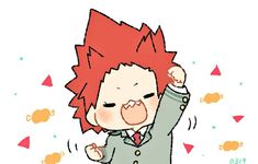 a drawing of a person with red hair in a suit and tie holding his fist up