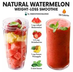 two cups filled with fruit and watermelon next to each other on a white background