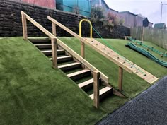 Backyard Slide On Hill, Slide Down Hill In Backyard, Slide On A Hill Backyards, Embankment Slide, Sloped Backyard Ideas, Timber Steps, Sloped Backyard Landscaping